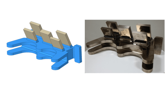 Figure 1. Rear engine fitting full scale demonstrator - (Left) Computer aided model produced prior to project initiation. (Right) photographed following LFW completion. For scale the component width is approximately 600mm and the height approximately 400mm