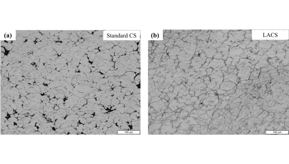 Figure 2. Optical micrographs of Ti6Al4V deposits comparing mesostructure, illustrating the presence of pores/defects in standard Cold Spray (CS) and Laser Assisted Cold Spray (LACS) deposits