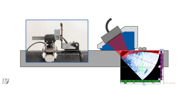 Figure 1. Inspection of a butt fusion (BF) joint, with the ultrasonic beam focussed at the BF weld centreline