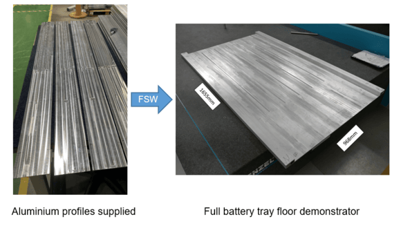 Figure 6. Supplied aluminium profiles and the full battery tray floor after friction stir welding (FSW)