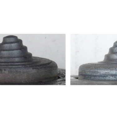 An Element Six tool for FSW of 6mm thick steel prior to use (left) and after completing 40m of welding (right). 