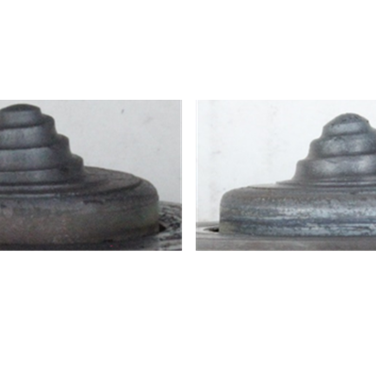 An Element Six tool for FSW of 6mm thick steel prior to use (left) and after completing 40m of welding (right). 