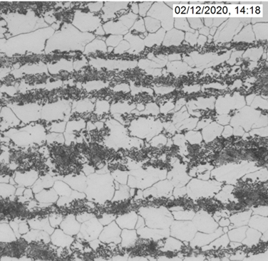 Comparison of the microstructures of the parent steel, DH36 (left) and the weld zone, (right).