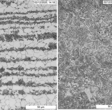 Comparison of the microstructures of the parent steel, DH36 (left) and the weld zone, (right).