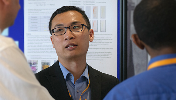 Faris Nafiah, presenting his PhD Research Poster at the NSIRC 2019 Annual Conference at TWI, Cambridge. Photo: TWI Ltd