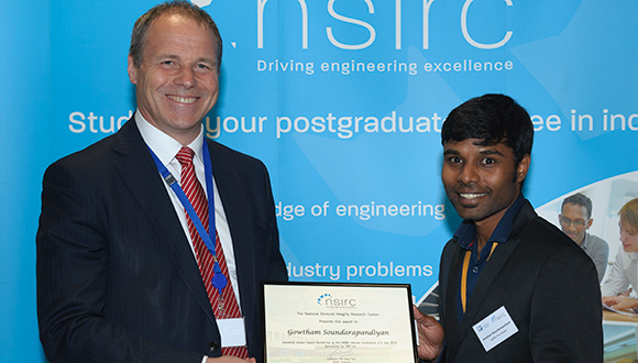 Gowtham (right) being presented by TWI Director of Research Paul Woollin (left) with the TWI Industrial Impact Award at the NSIRC 2019 Annual Conference. Photo: TWI Ltd