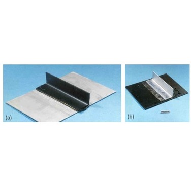 Figure 2. TWI Ltd PCM joining demonstration of dissimilar materials: a) carbon/PEEK stiffener joined to the PCM aluminium alloy panel, b) PCM aluminium alloy stiffener joined to carbon/PEEK panel (copyright TWI).