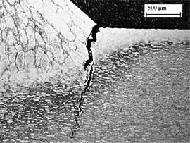 Fig.4. Crack at the weld toe in the girth-welded pipe GW1