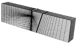 Fig.5. Finite element mesh of the 50x50mm SENB specimen of the weld, overall geometry of mesh (left), and close up of crack tip region (right)
