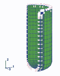 Fig.5. Detail of FE-model for simulated burst test a) FE-mesh with applied boundary conditions