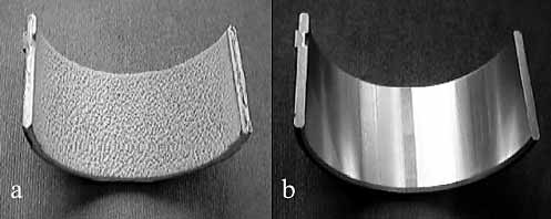 Fig. 5. Half shell bearing a) as-coated and b) after boring to final dimension