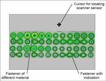 Fig. 6. Eddy current C-scan images of fasteners on an aircraft wing used to identify and then inspect rivets. Courtesy of Kontrol Technik