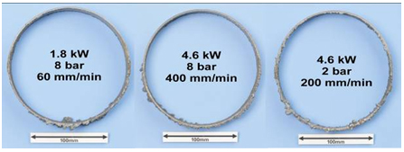 Figure 4. Cut edges of a 155mm diameter tube with wall thickness of 1.5mm using laser powers of 1.8kW and 4.6kW, and assist gas pressures of 2 and 8bar