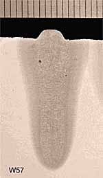 Fig.14. 22mm deep melt run made in the flat position in low alloy steel with a pulsed NVEB beam