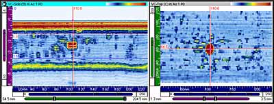 Fig. 3. 32-element linear array scan of N1-D showing artificial delamination and gross porosity (B-scan to the left, C-scan on the right)