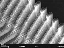 Fig.10. Micro Surfi-Sculpt in stainless steel. Each 'fin' structure is less than 50µm in width