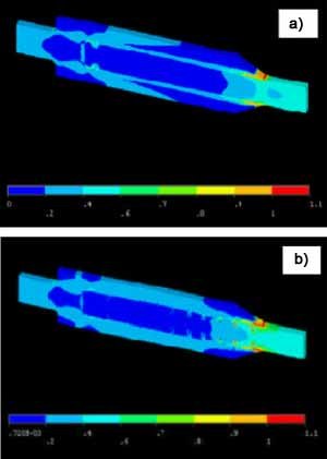 Fig.3. Failure index: a) Bonded-only joint b) Bonded-pinned joint