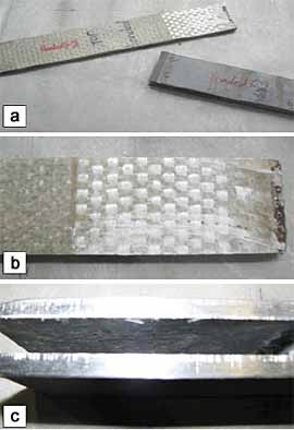 Fig.5. Bonded-only joint failure a) Separated composite and metal details b) Composite surface c) Metal surface