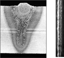 Fig.2. Typical top bead and melt run profile obtained in 20mm C-Mn steel at 9kW workpiece power and with a side gas jet