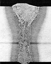 Fig.5. Fully penetrating melt run in 15mm thick C-Mn steel at a speed of 0.35m/min in the horizontal/vertical position (2G)