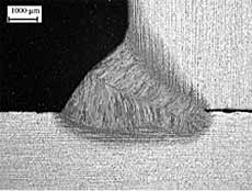 Fig.7. Transverse cross-section of laser-MAG hybrid weld showing widened root due to laser defocus. Scale bar = 1mm