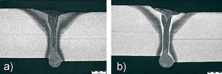 Fig. 2. Cross-sections through a hybrid weld made over a joint with mismatch a) 0.6mm mismatch b) 1.0mm mismatch