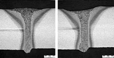 Fig. 3. Cross-sections through a hybrid weld made over a joint with gap a) 0.3mm gap b) 0.6mm gap