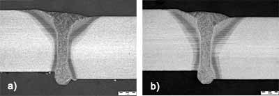 Fig. 6. Cross-sections through an adaptively controlled hybrid weld made over a joint with mismatch a) 1.0mm mismatch b) 1.2mm mismatch