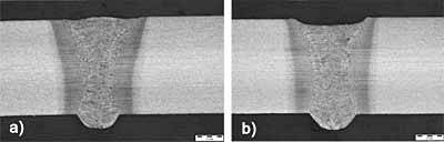 Fig. 7. Cross-sections through an adaptively controlled hybrid weld made over a joint with gap a) 0.6mm gap b) 0.9mm gap