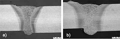 Fig. 8. Cross-sections through an adaptively controlled hybrid weld made over a joint with both mismatch and gap a) 0.65mm mismatch, 0.5mm gap b) 1mm mismatch, 0.85mm gap