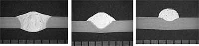 Fig.1. Variable Polarity GMAW - the effect of increasing (left to right) electrode negative polarity from 0% to 30% on aluminium alloy welding