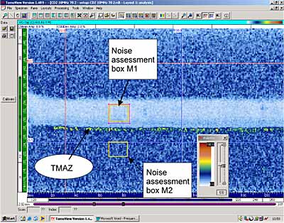 Fig.11. C-Scan view of weld and parent plate at a depth of 2mm to 3mm from the weld root