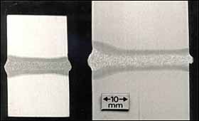 Fig.3. Transverse sections of RPEB welds in X65 steel pipe of 10.75in diameter by 25mm and 28in diameter by 41mm wall thickness made with gun to work distance of 270mm and 50mm, respectively