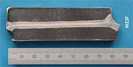 Fig.6. Transverse section from an EB weld in 80mm thick 304 L type stainless steel produced at ~1mbar pressure and deliberate mismatch of 5mm