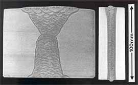 Fig.1. Comparison of single pass EB weld profile with multi pass submerged arc welded joint in 100mm thickness C-Mn steel