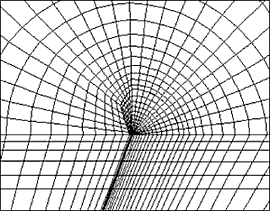 Fig.11. Near tip configuration of quarter symmetric 3-D mesh for SENB specimen 