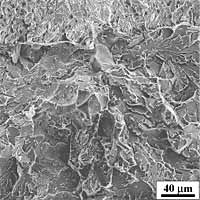 Fig.15a) Scanning electron micrograph of the fracture initiation area in front of the fatigue crack-tip of specimen no. 2, corresponding to an unexpected early intergranular failure, which then changes to transgranular cleavage 