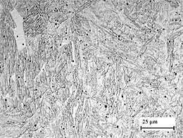 Fig.3. As-deposited, as-welded microstructure in the capping layer of weld W5, showing blocky regions of delta ferrite