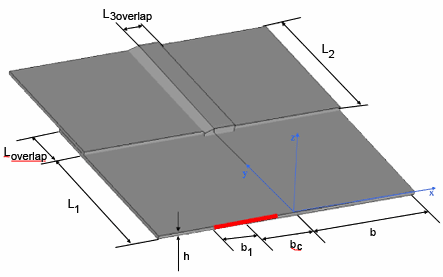 Fig. 2. Three plates welded together: h is the plate thickness; b is the plate half-width; b 1 is the half-width of the excitation zone; b C is the centre of the excitation zone; L 1 is the 1 st plate length; L 2 is the 2 nd plate length; L seam the width of the seam; L 3overlap is the overlap length of the two plates