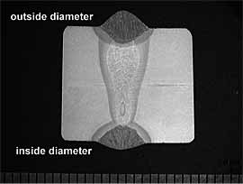 Fig.2. Section through pipe wall, showing internal MAG root run, 9.0kW autogenous laser fill and MAG capping pass (mm scale shown)