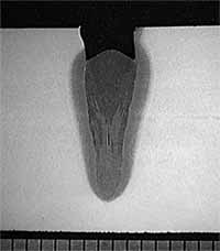 Fig.8. Macrograph of hybrid weld showing 10mm penetration using a metal cored wire and 7kW of laser power showing a centreline solidification imperfection