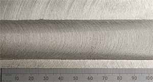Fig.3. Surface appearance of dual-rotation stir weld made in 16 mm thick 5083-H111 aluminium alloy at a welding speed of 3 mm/sec (180 mm/min), using 584 rev/min for the probe and 219 rev/min for the shoulder
