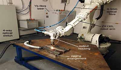 Fig.9. View of TWI's Yb-Fibre laser set up, showing a compact design and fibre optic beam delivery.