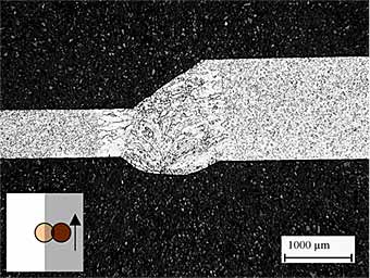 Fig.5. Typical weld made between 0.74mm and 1.5mm thick steel sheet using a 70/30 twin spot (welding speed and total power as joint shown in Fig.4)