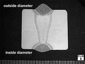 Fig.2. Section through 16mm thick pipe wall, showing internal GMAW root run, laser fill and GMAW capping pass (mm scale shown)