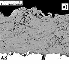 Fig.16. Back-scattered electron image of a cross section of: a) arc sprayed; and