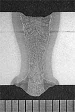 Fig.9. Macrograph of a hybrid Nd:YAG laser/MAG weld in X60 pipeline steel showing an acceptable weld with 11mm full penetration