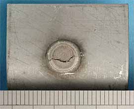 Fig.1. Appearance of welds subjected to peel tests in 1.05mm EZ coated TRIP700, welded with 4kN electrode force, 12 cycles weld time and 6.7kA welding current (scale in mm):