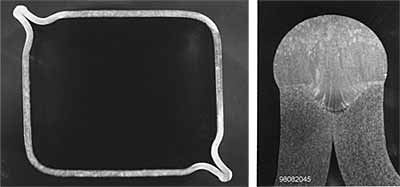 Fig.1. Macro section of NVEB weld (12 m/min, 19.3 kW) at the flange of 2 x 2.5 mm AlMg3 deep-drawn shells (Courtesy of PTR-Precision Technologies Inc.)