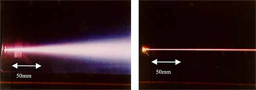 Fig.3. Comparison of 60 kW electron beam profiles at near atmospheric pressure (900mbar) and 5mbar illustrating improved beam profile and possibility of increased stand-off distance tolerance.